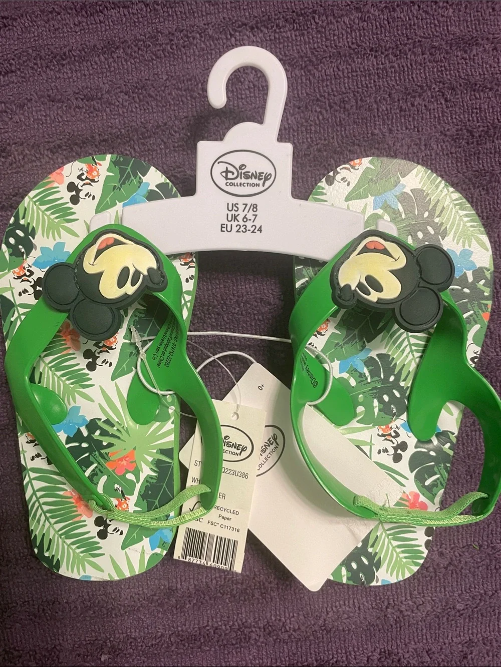 Disney Green and White Mickey Mouse Tropical Print Kids Flip-Flops